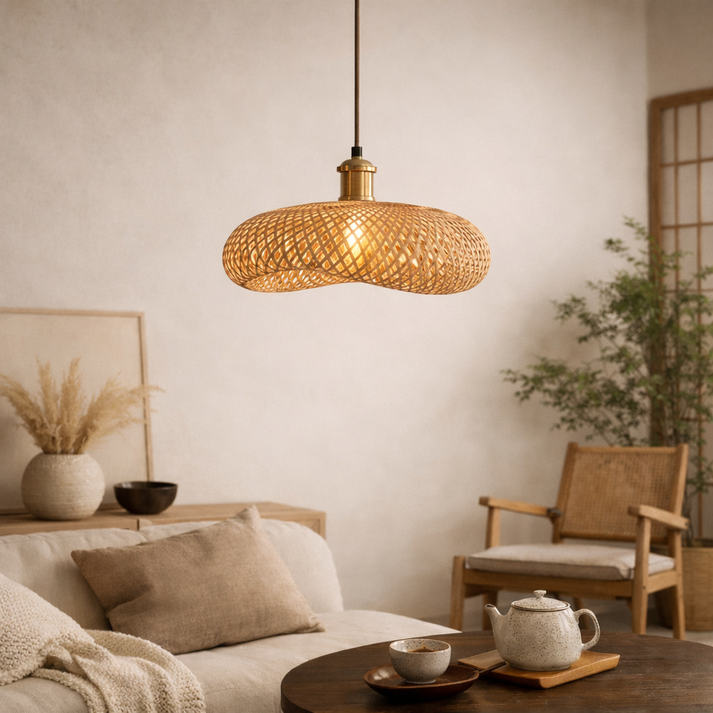 Woven pendant light hanging above a cozy living room with a sofa, chair, and table.