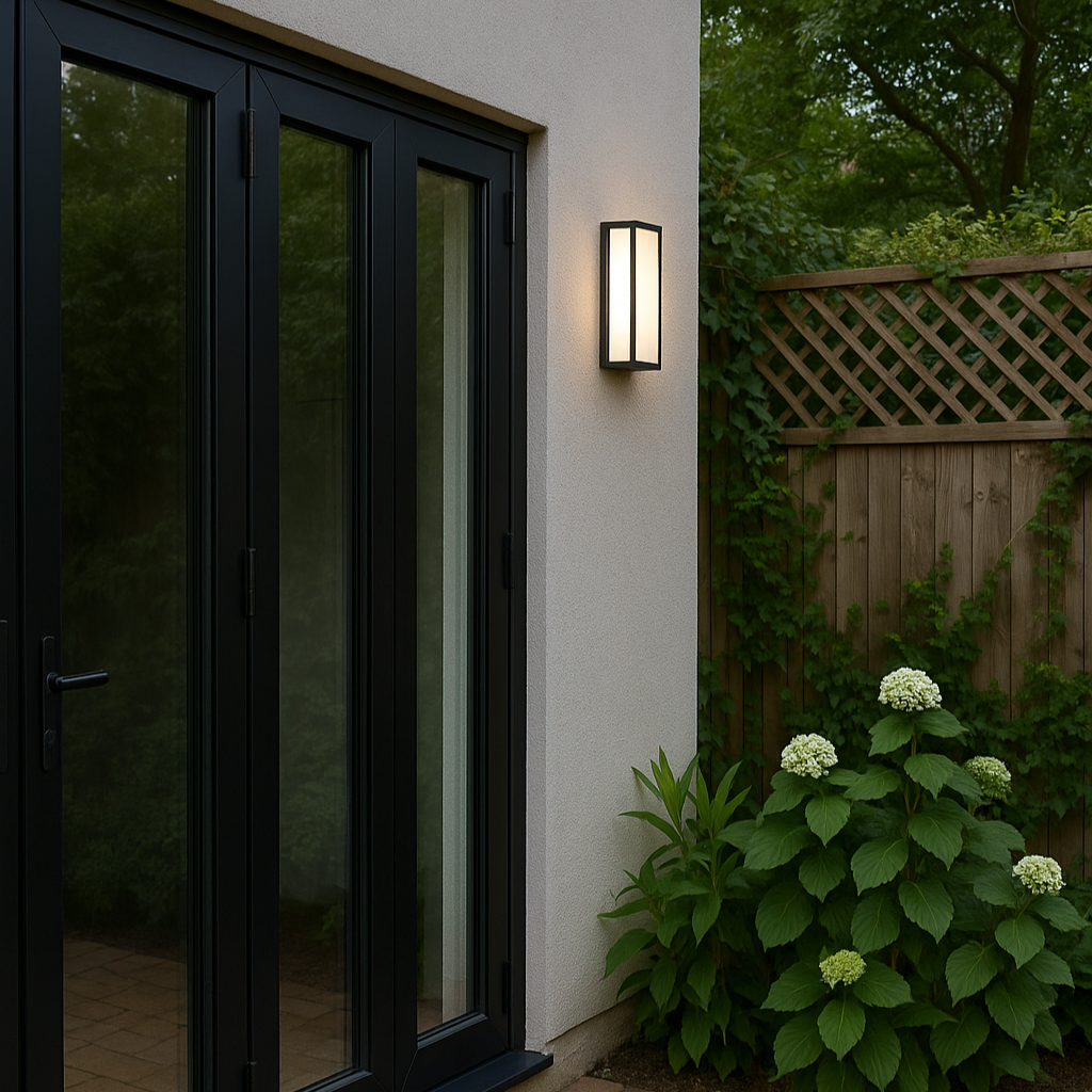 Black framed glass door with outdoor wall light fixture on a white wall, surrounded by greenery.