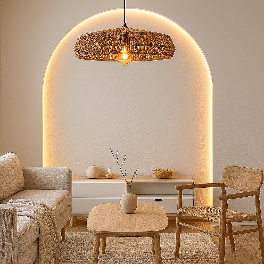 Modern living room with neutral tones, wooden furniture, and a pendant light.