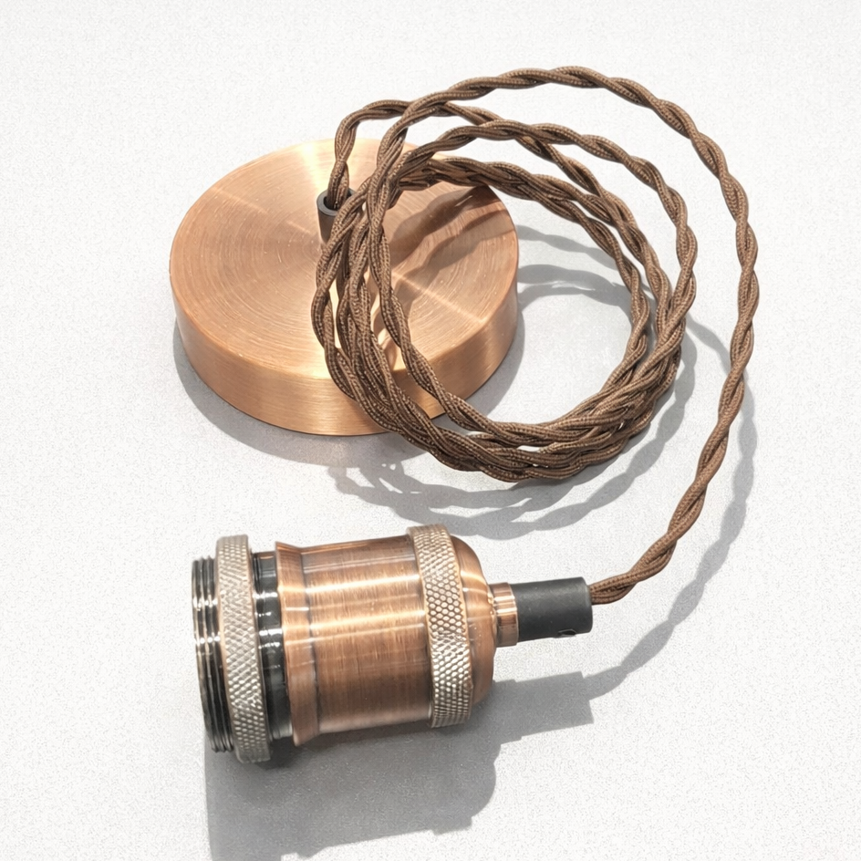 CGC Lacey Brushed Copper with Brown Twisted 1.5m Adjustable E27 Ceiling Cable Pendant and Matching Ceiling Rose