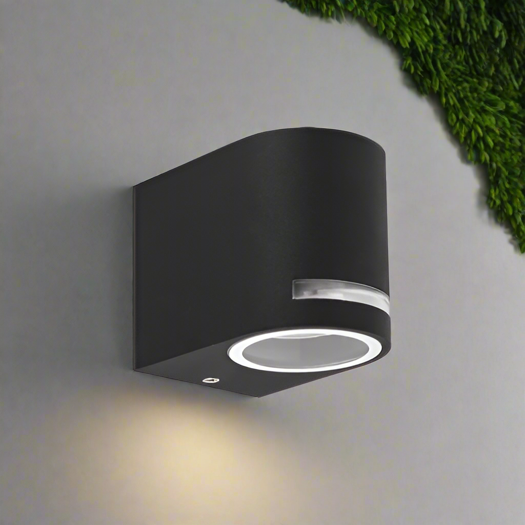 CGC OAX Black Curved GU10 Single Down Outdoor Wall Light with Halo Front Illumination IP54 240V