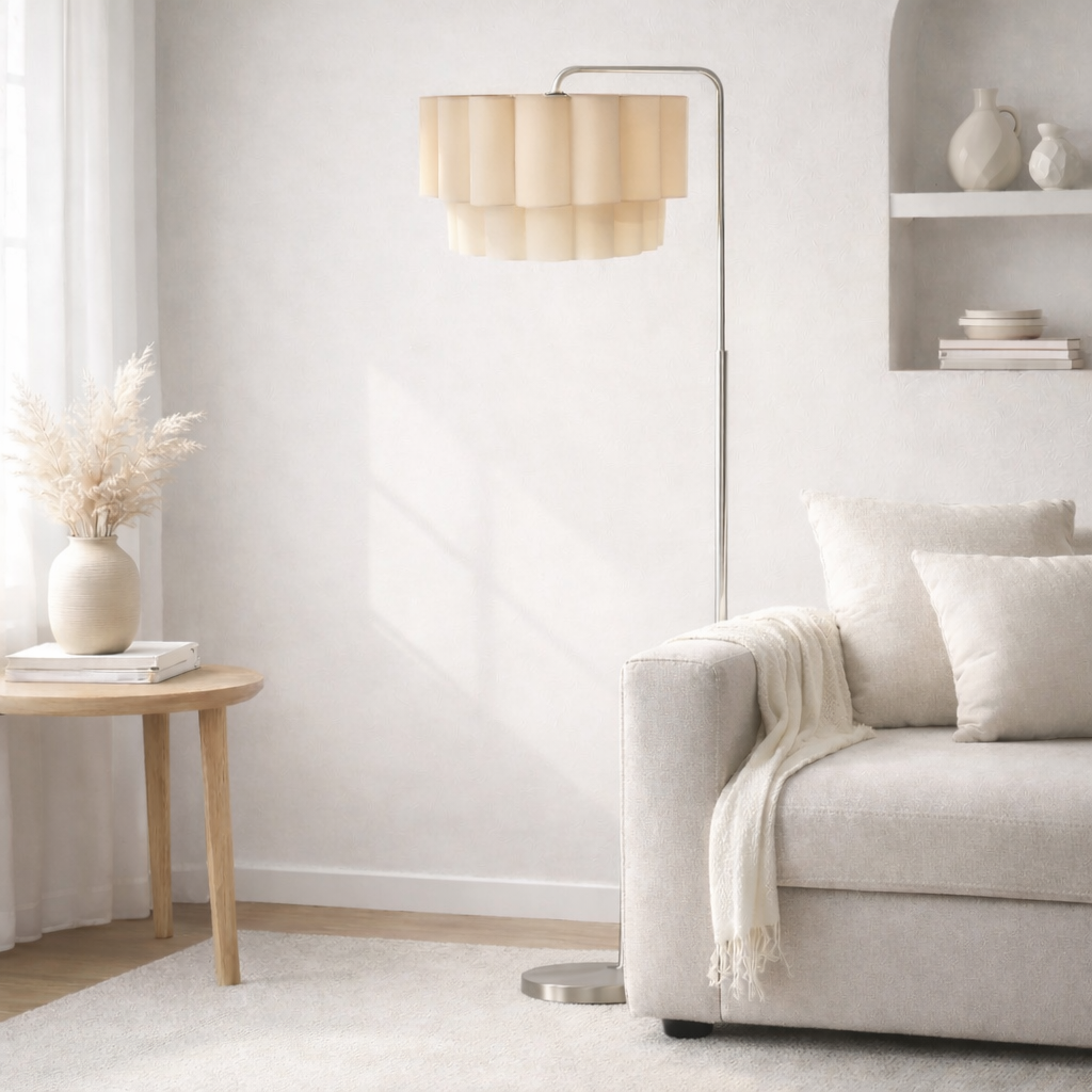 CGC Kyra Brushed Nickel Angled Floor Lamp with Two Layer Large Scalloped Lampshade