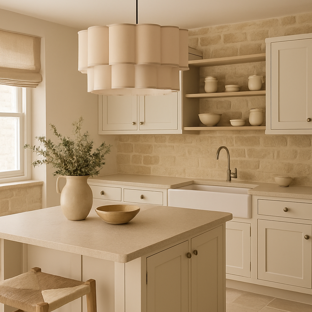 Beige kitchen with island, cabinets, and decorative elements.