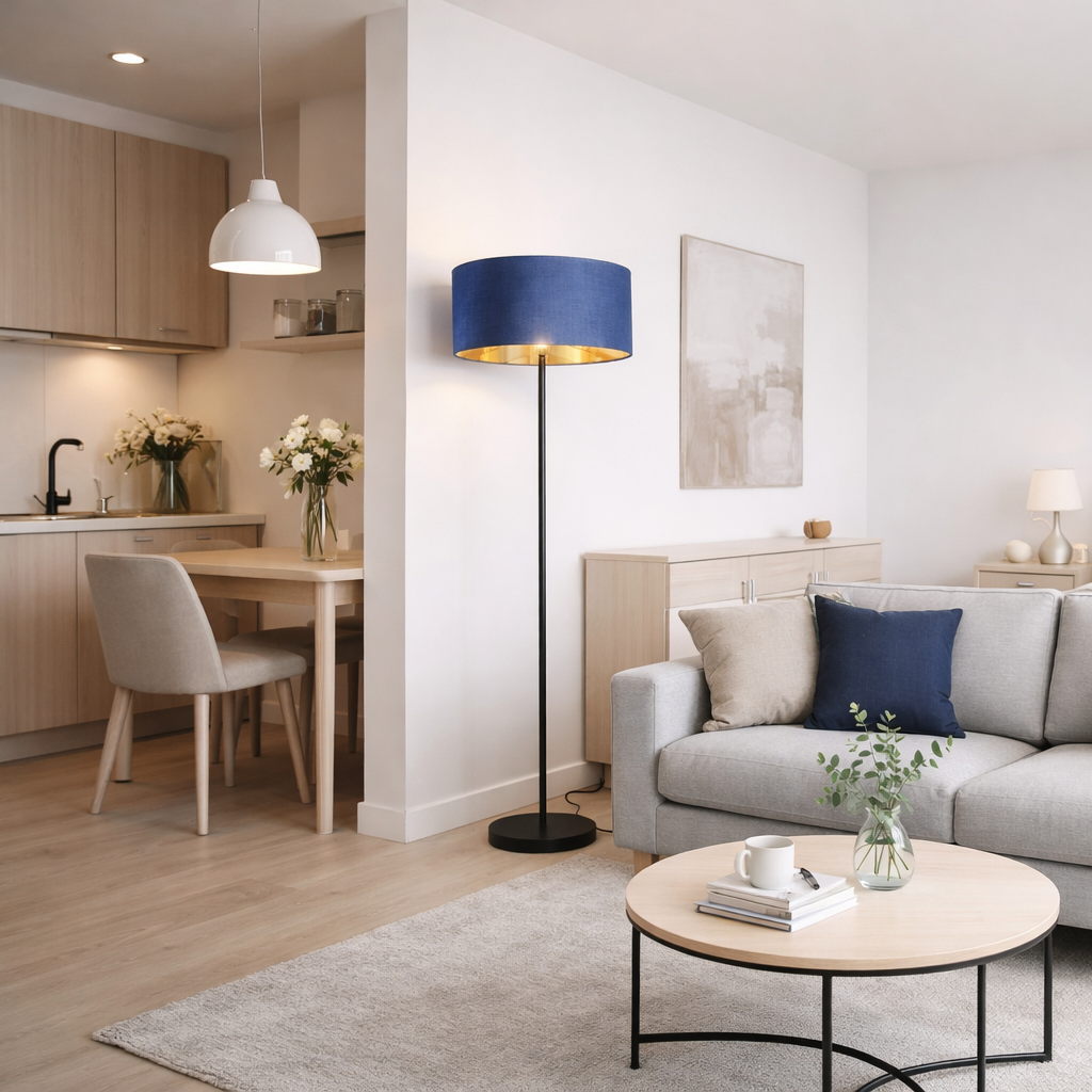 Modern living room with gray sofa, round coffee table, and blue floor lamp.