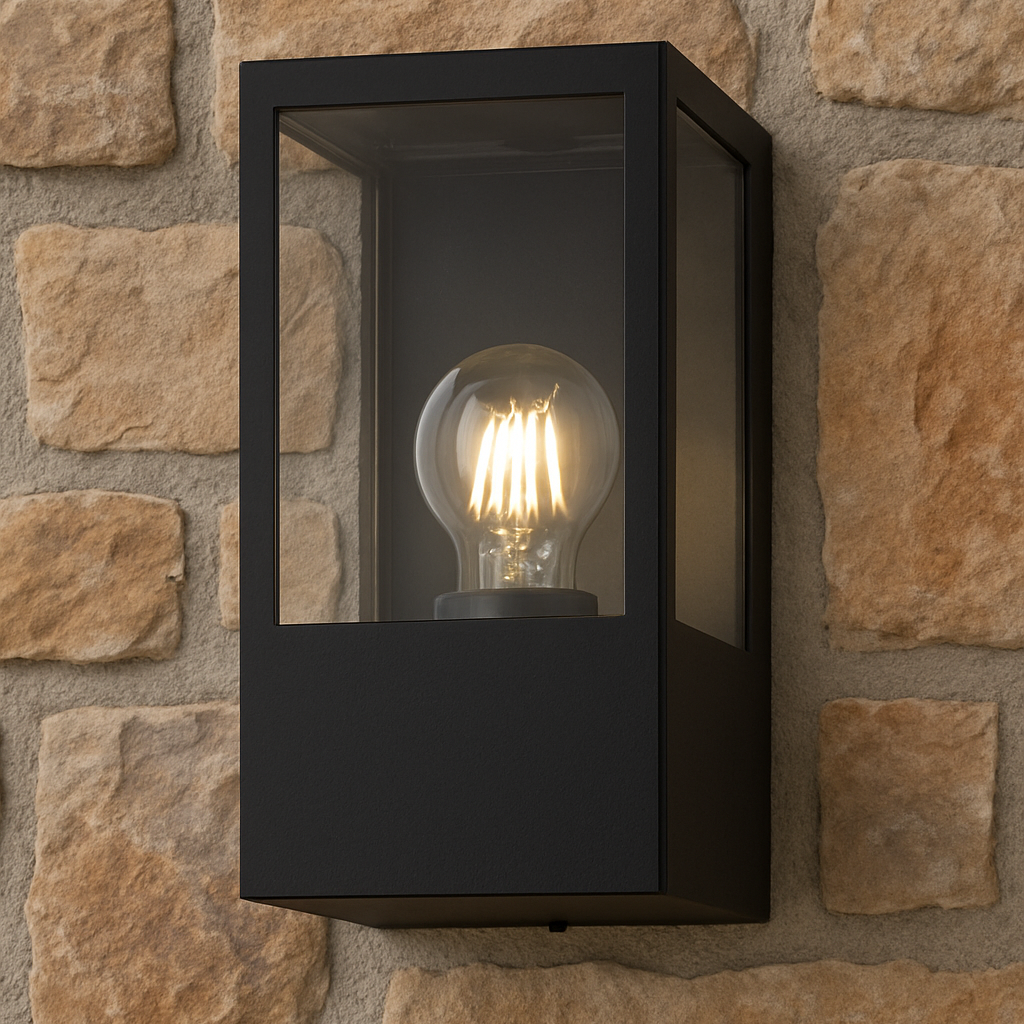 Black outdoor wall light fixture on a stone wall