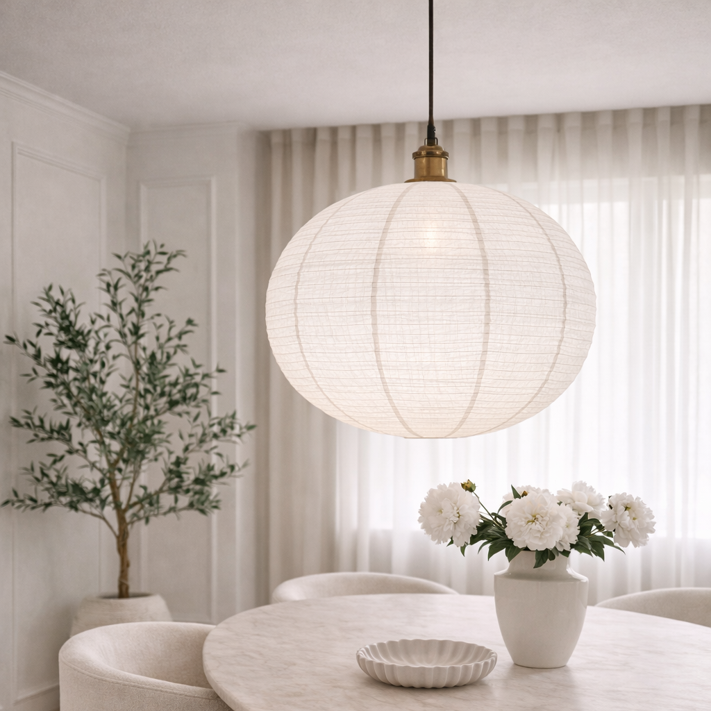 Modern dining room with a round table, chairs, and decorative elements.