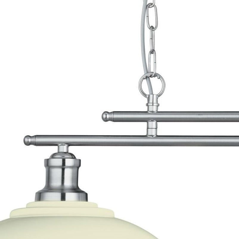 Introducing our Olive 2 light bar ceiling pendant with its exposed industrial inspired design. With its modern and contemporary combination of the cream metal shades and silver detailing, this pendant is sure to give the perfect lighting effect