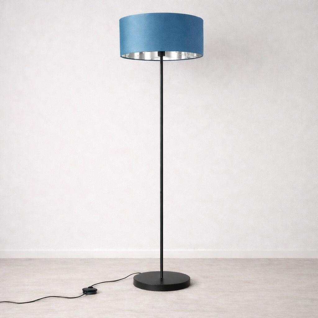 Floor lamp with a blue shade on a white background