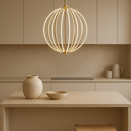 Modern kitchen with a pendant light, table, and stool in neutral tones.