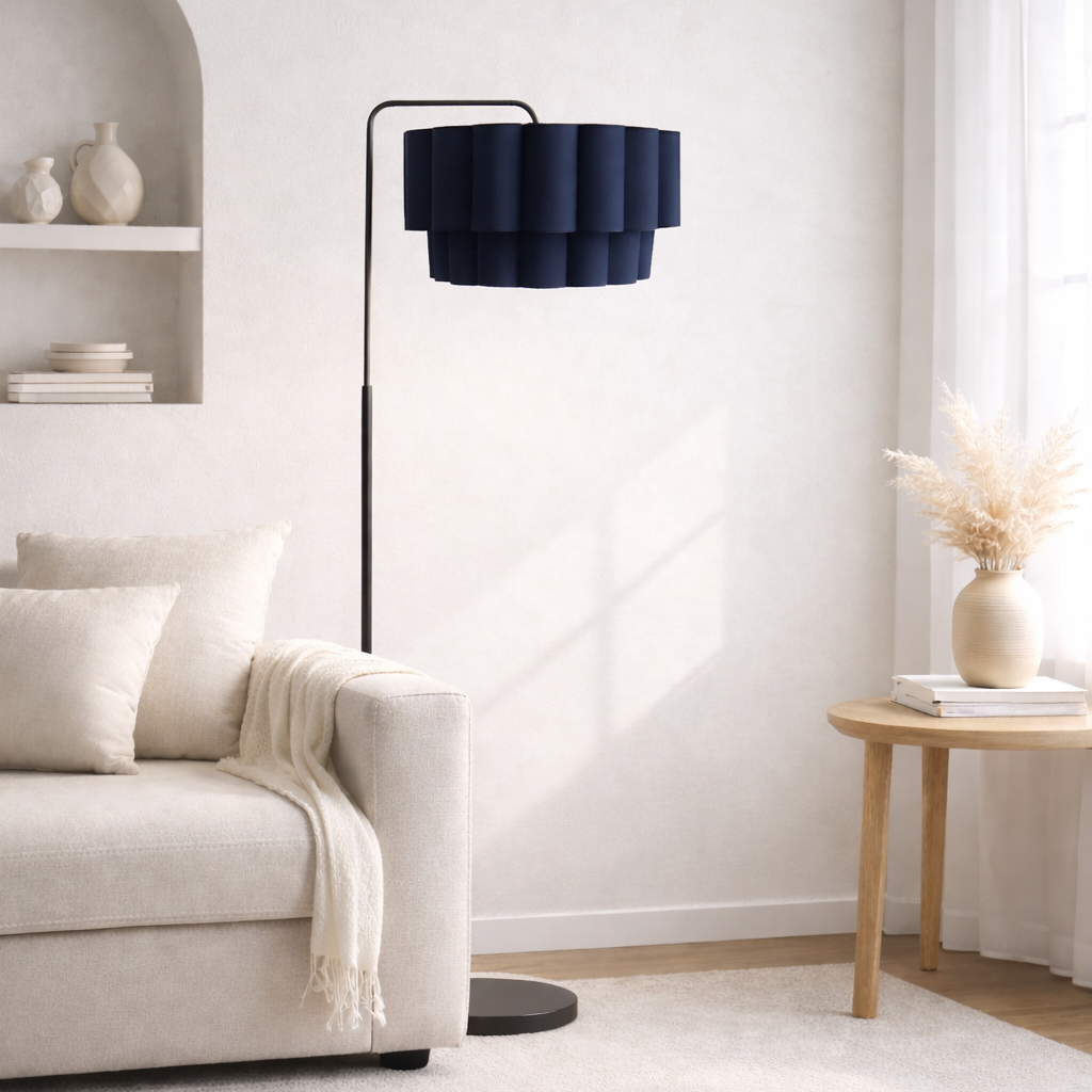 CGC Kyra Matt Black Angled Floor Lamp with Two Layer Large Scalloped Lampshade