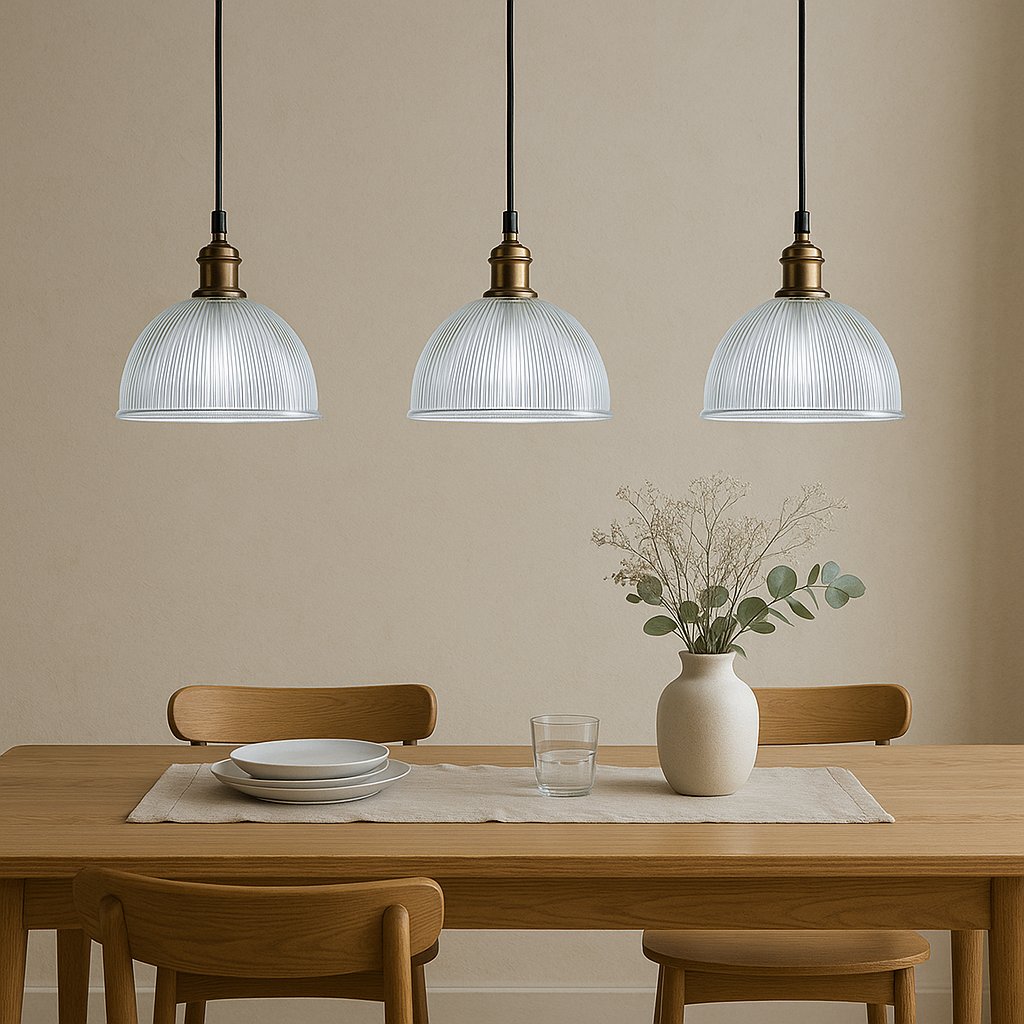 Three pendant lights above a dining table with a vase and glasses on a beige wall background