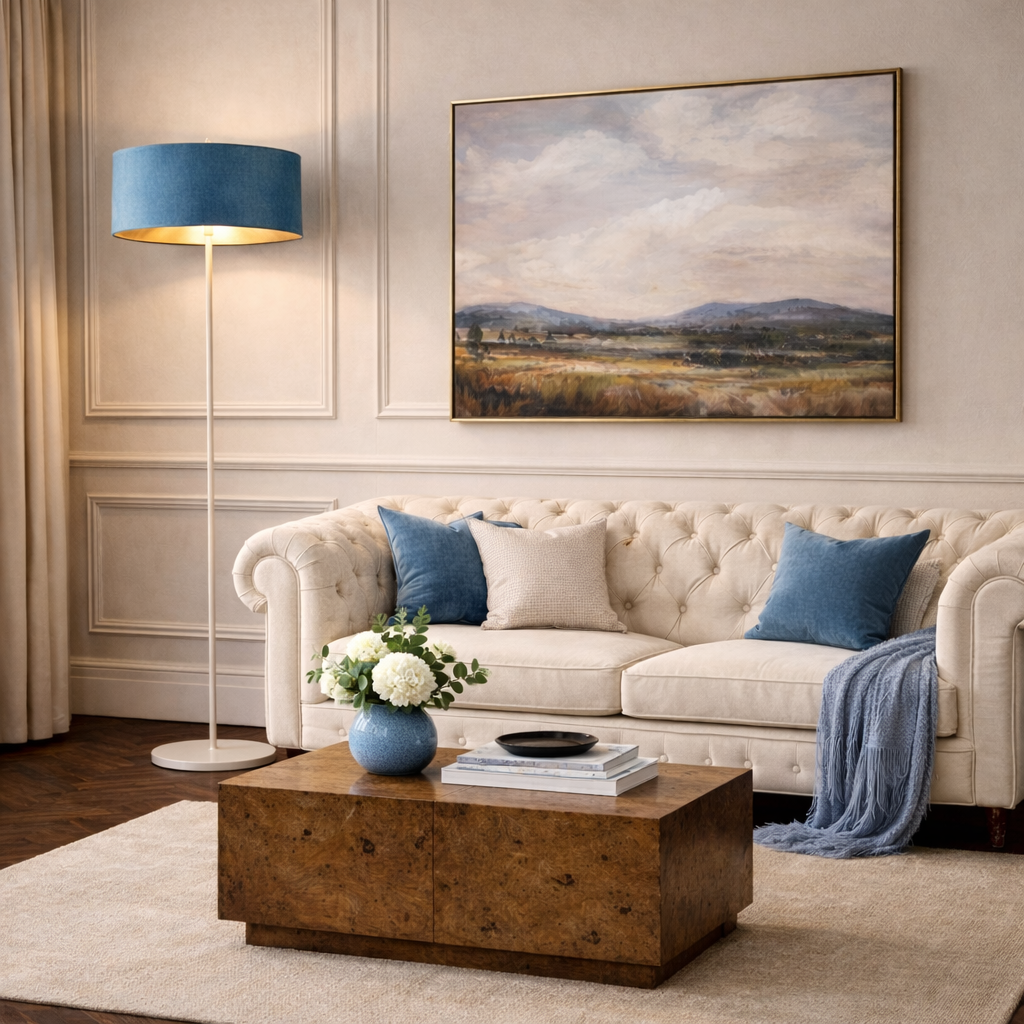 CGC Lena Cream Straight Floor Lamp with 45cm Large Velvet Lampshade