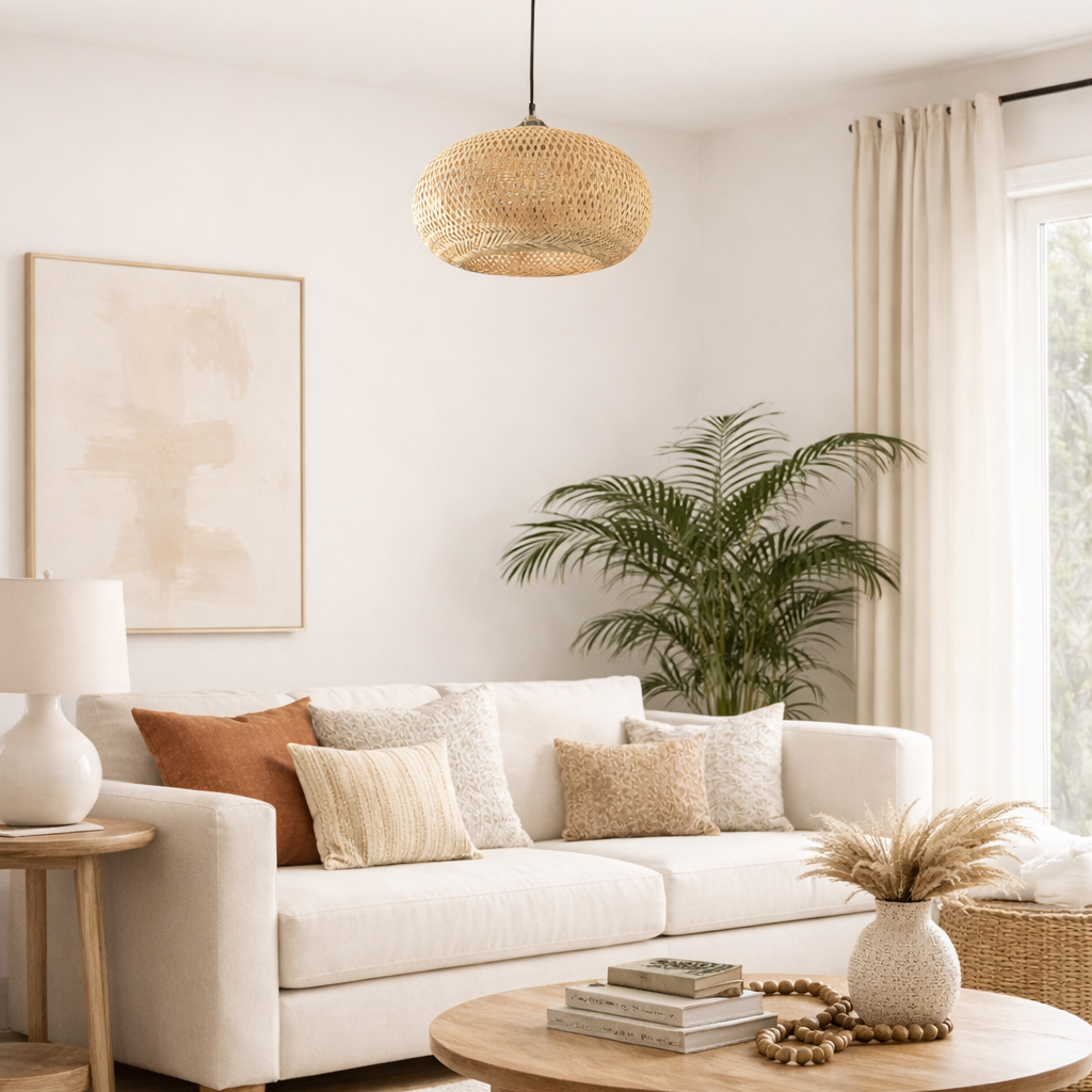 Modern living room with a white sofa, wooden coffee table, and decorative elements.