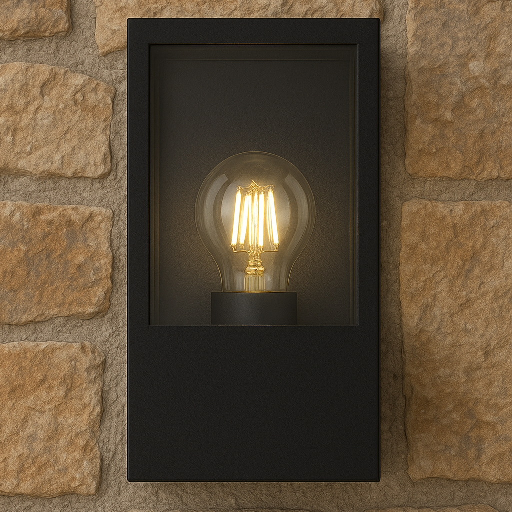 Black wall-mounted light fixture with a lit bulb on a stone wall background
