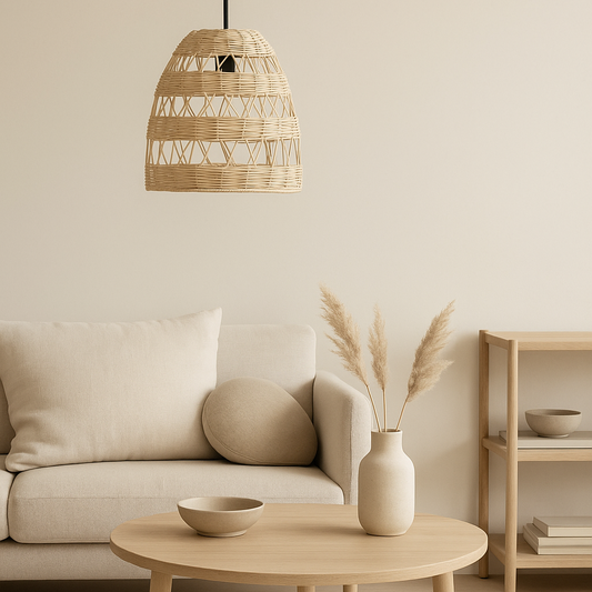 Modern living room with a beige sofa, wooden coffee table, and wicker pendant light.