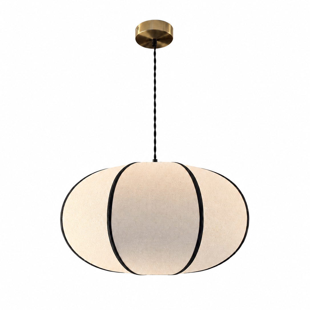A modern pendant light with a large, rounded, egg-shaped white fabric shade divided by black vertical bands, suspended from a brass ceiling canopy with a black cord, set against a plain white background.