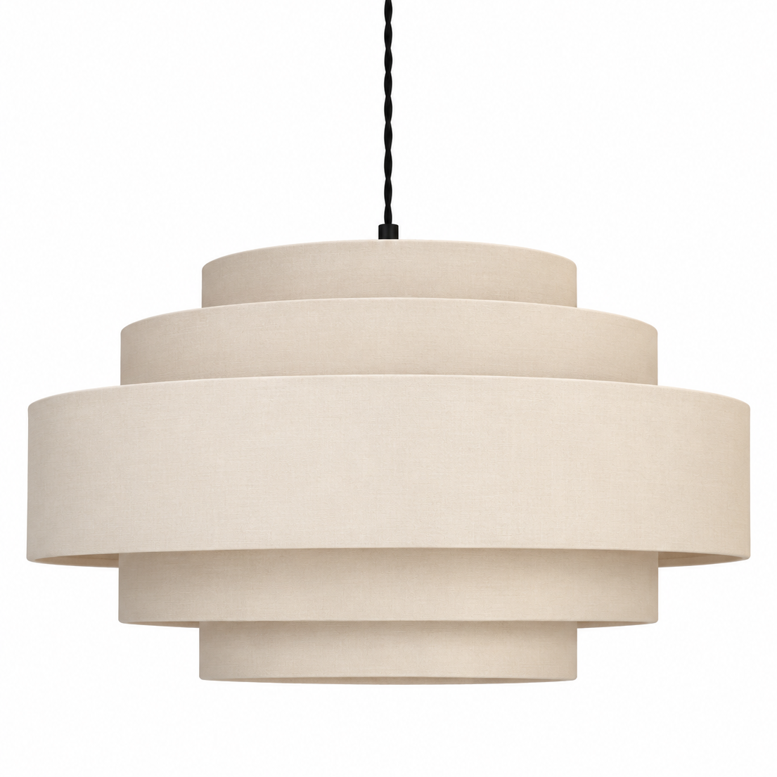 A modern multi-tiered pendant light fixture with a matte beige fabric shade and a brushed brass ceiling canopy, suspended by a twisted black cord against a white background.