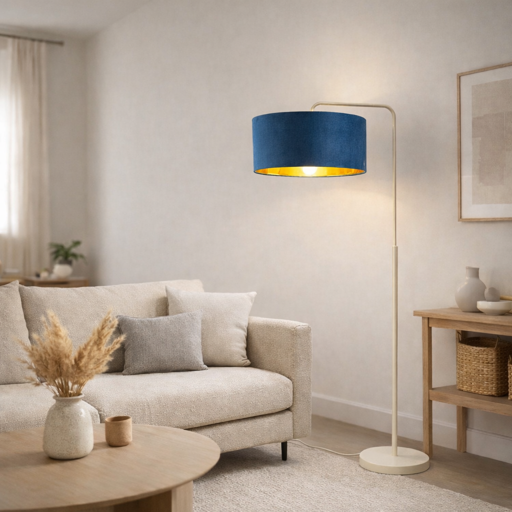 CGC Kyra Cream Angled Floor Lamp with Large 45cm Velvet Lampshade