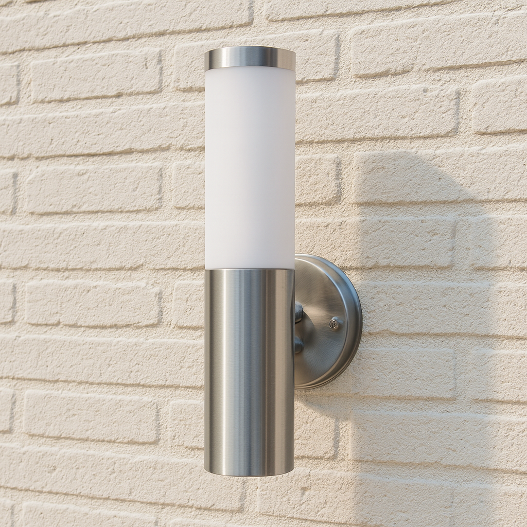 Wall-mounted outdoor light fixture on a beige brick wall