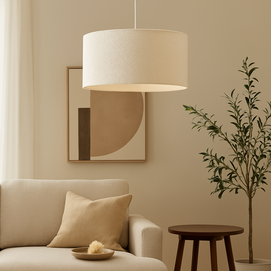 Modern living room with beige sofa, round table, and wall art.