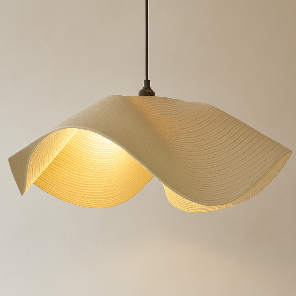 Modern pendant light with a textured design on a neutral background