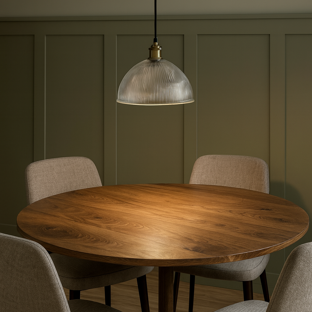 Round wooden dining table with four chairs under a pendant light against a green paneled wall.