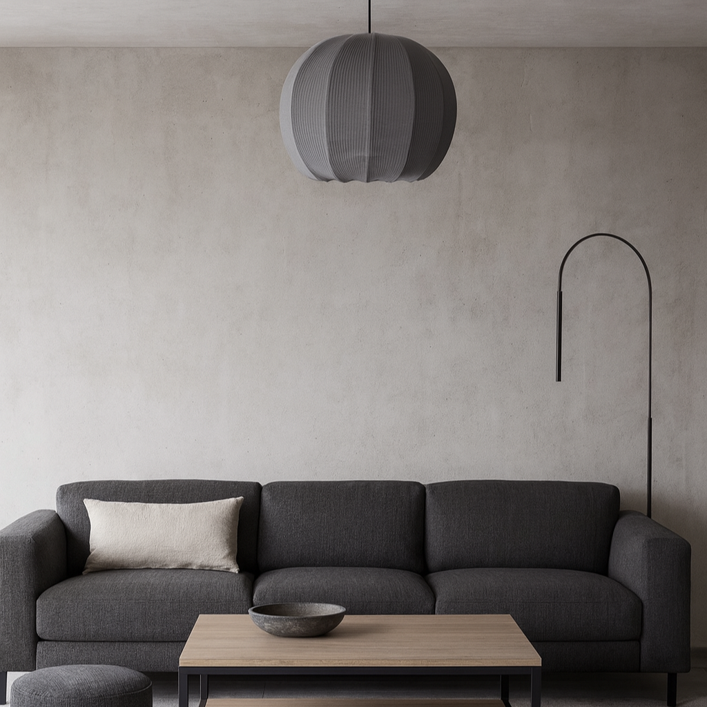 grey ribbed lamp shade in neutral living room