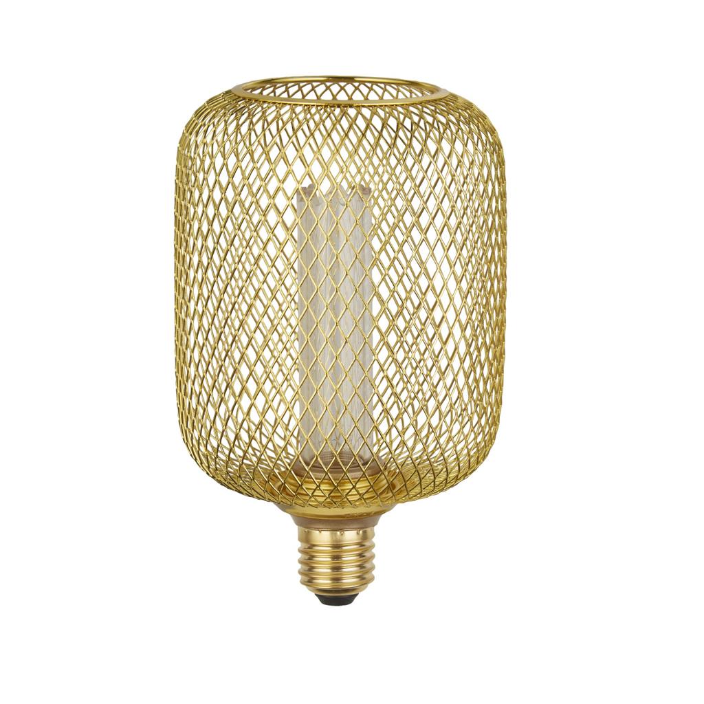Our decorative gold mesh E27 LED drum bulb provides a unique aesthetic, blending seamlessly into many decors. Made from gold wire mesh in drum cross hatch pattern giving this bulb a real industrial feel. This energy-saving bulb is perfect for exposed lighting designs fits any standard E27 lamp holder.