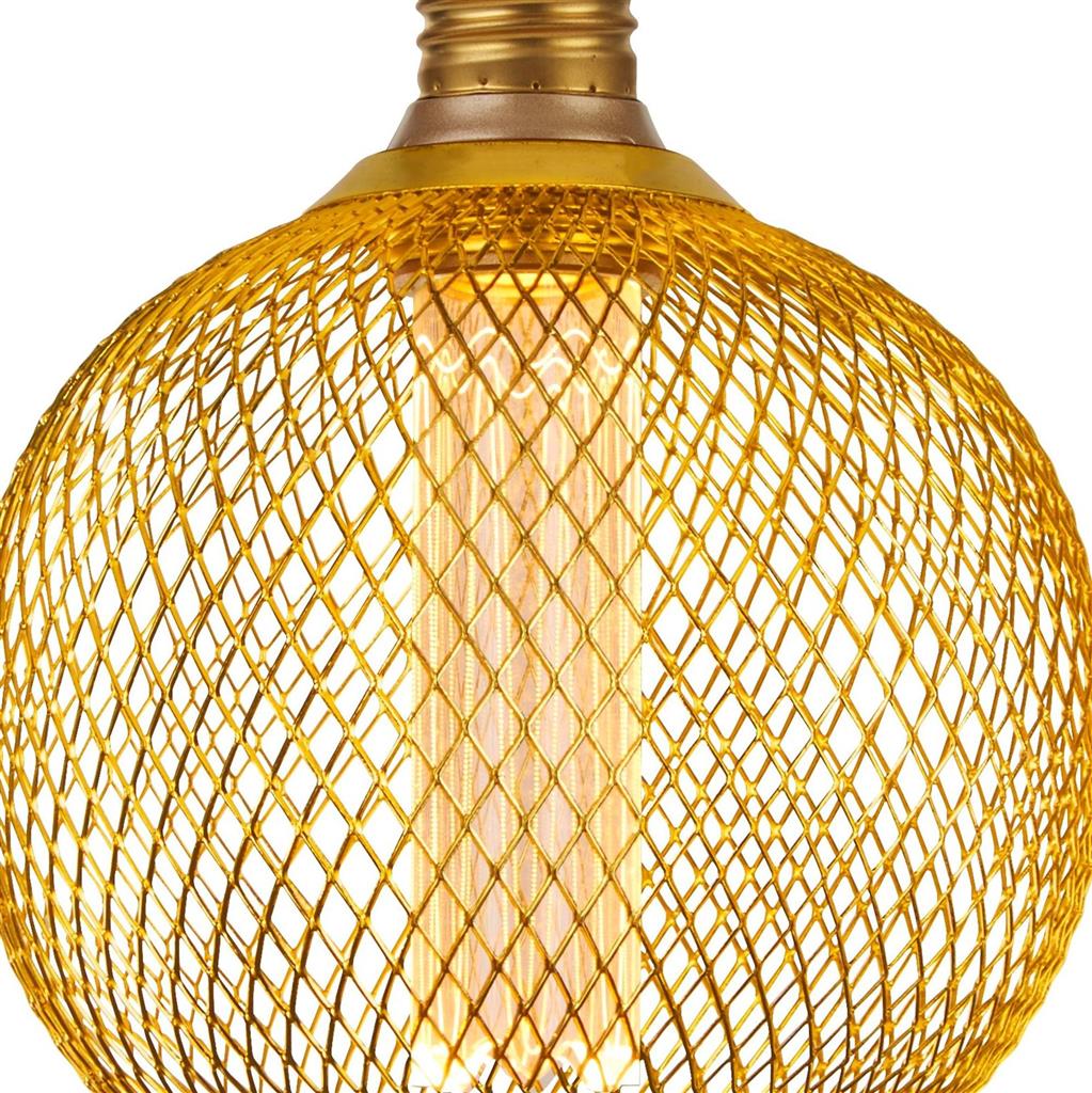 Our decorative gold mesh E27 LED globe bulb provides a unique aesthetic, blending seamlessly into many decors. Made from gold wire mesh in round cross hatch pattern giving this bulb a real industrial feel. This energy-saving bulb is perfect for exposed lighting designs fits any standard E27 lamp holder.