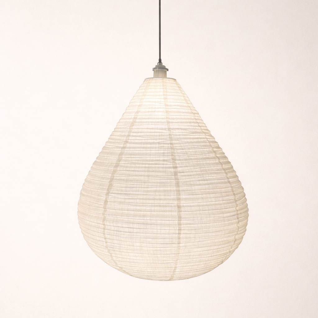 White pendant lamp with a textured shade on a white background