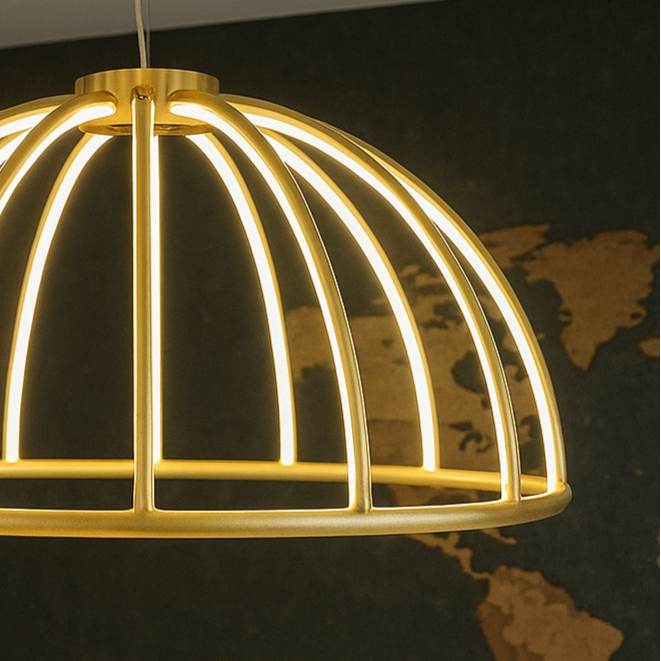 Gold pendant light fixture with a world map in the background