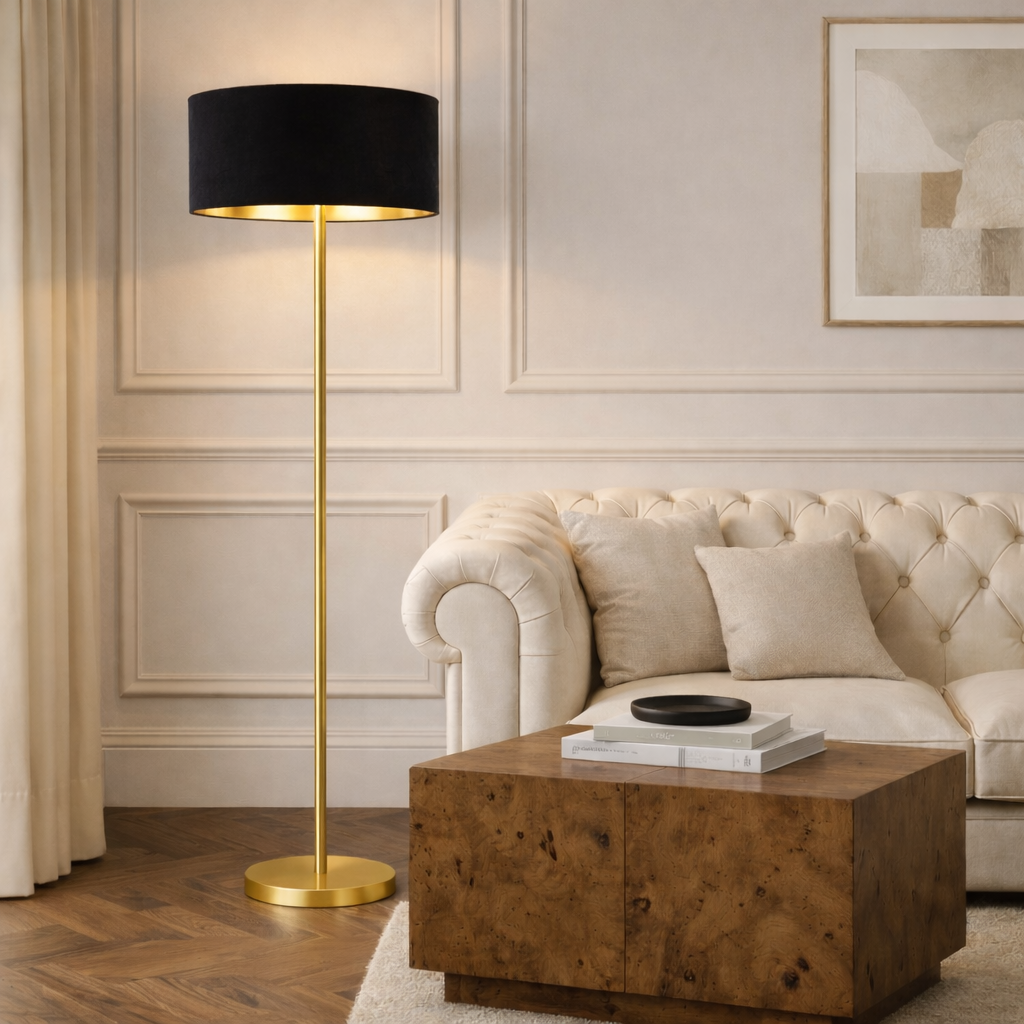 CGC Lena Brushed Gold Straight Floor Lamp with 45cm Large Velvet Lampshade