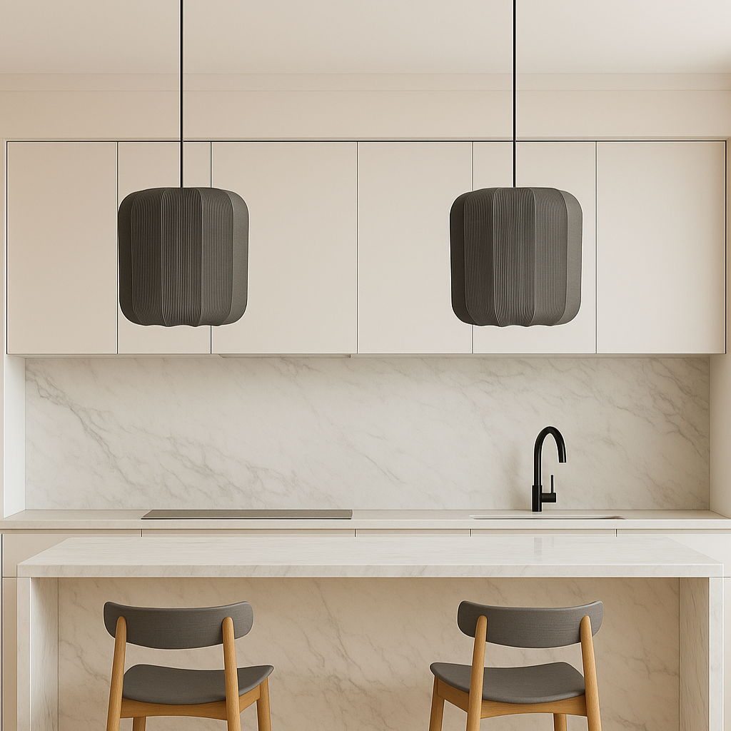 Modern kitchen with light wood cabinets, marble backsplash, and two chairs.