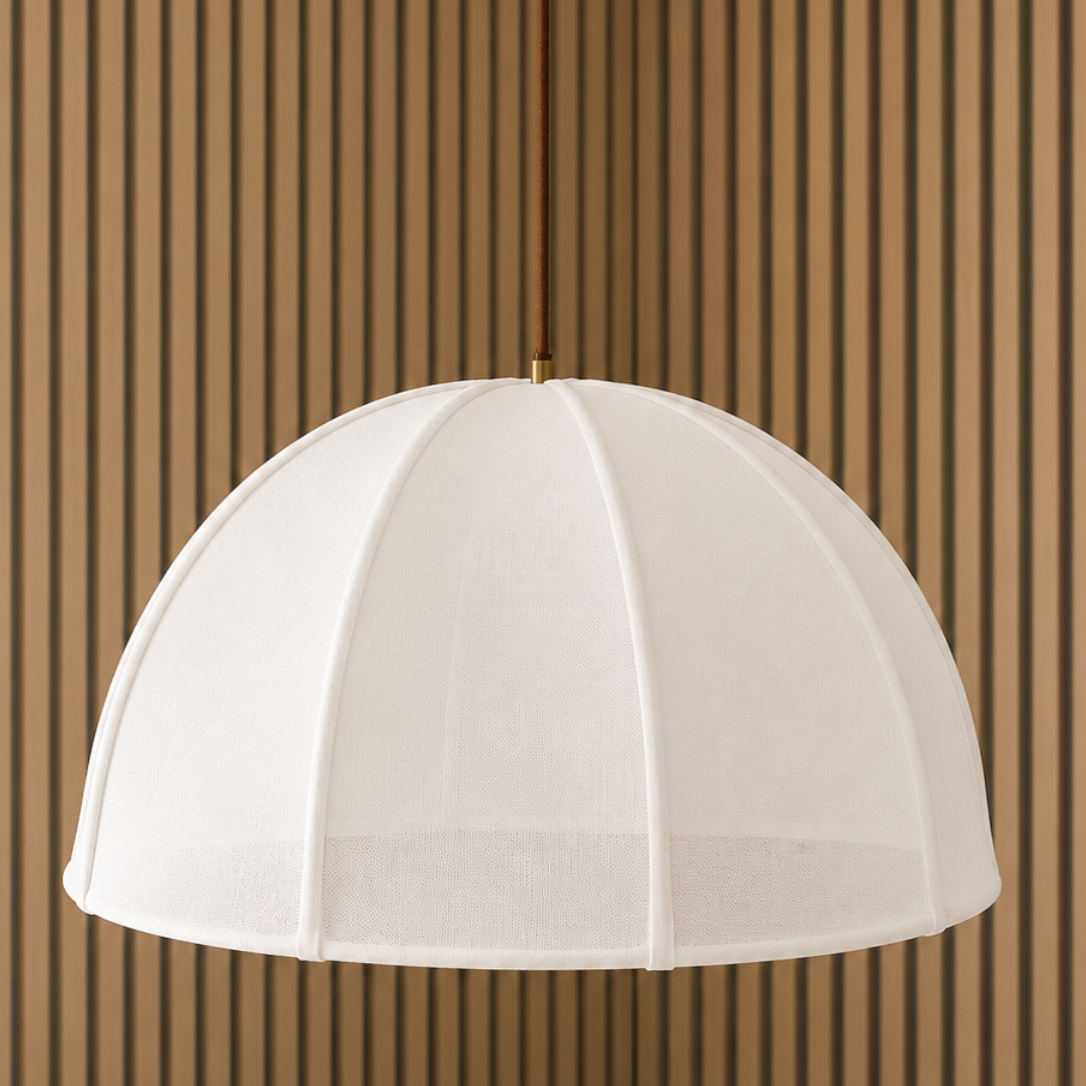 White pendant lamp against a brown striped background