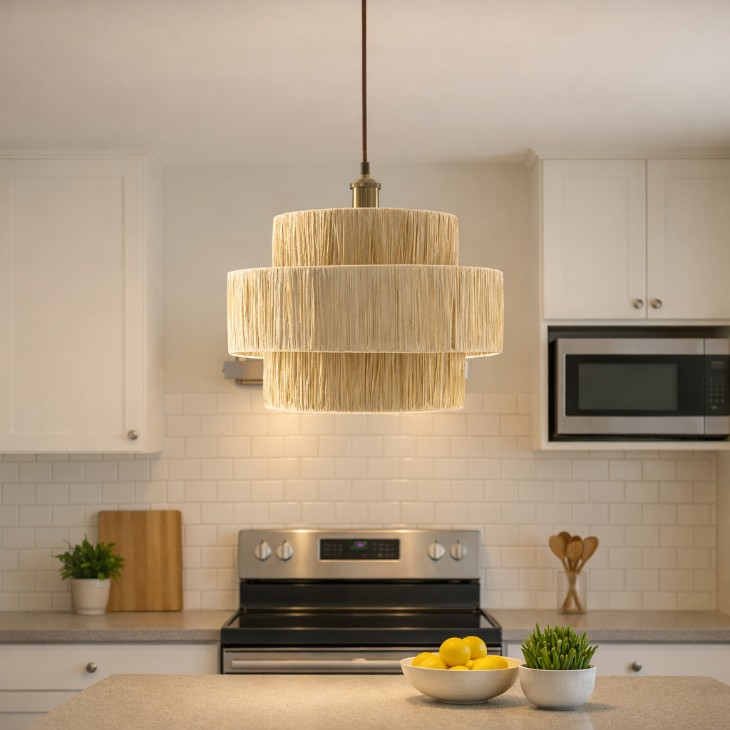 Modern kitchen with a pendant light fixture, stove, and decorative elements.