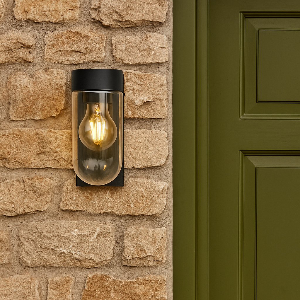 Wall-mounted outdoor light fixture on a stone wall next to a green door.