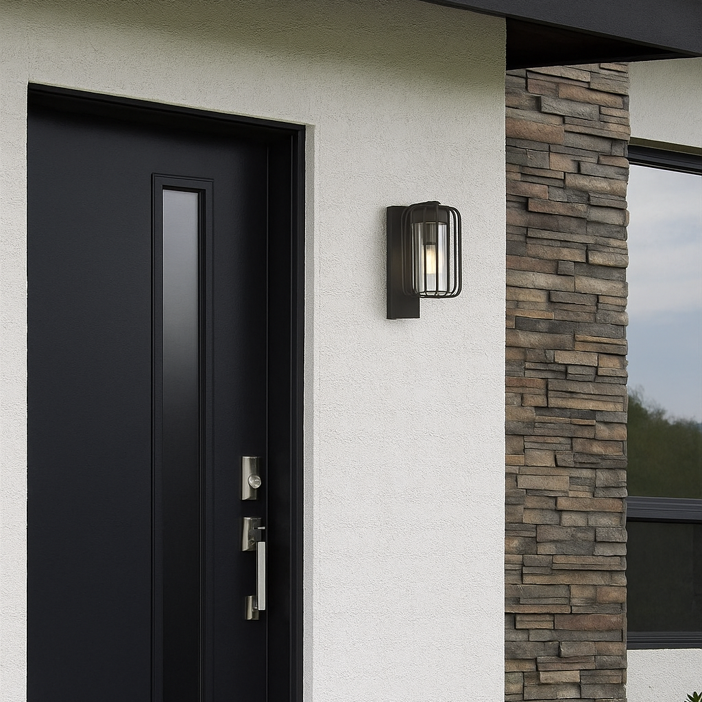 Modern black door with a wall sconce on a house exterior