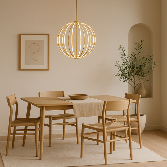 Dining room with wooden table and chairs, modern pendant light, and neutral decor.