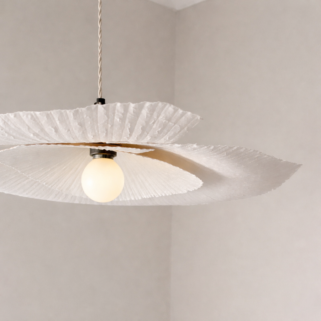 Ceiling fan with decorative white blades on a plain wall