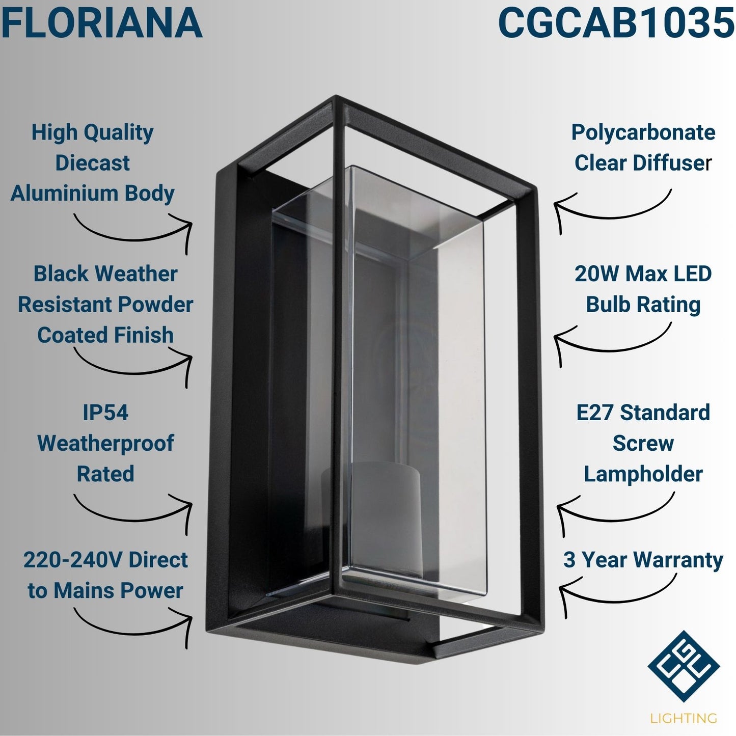 CGC FLORIANA Black Outdoor Wall Light Clear Diffuser E27 Standard Screw IP54