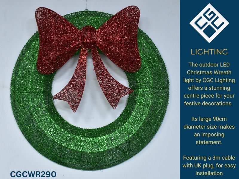 CGC Extra Large 90cm Luxury LED Glitter Green With Red Bow LED Christmas Wreath