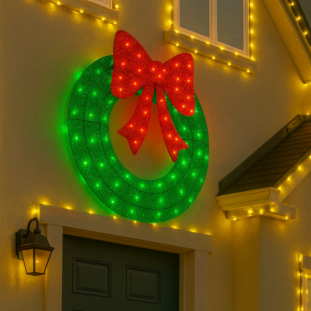 CGC Extra Large 90cm Luxury LED Glitter Green With Red Bow LED Christmas Wreath