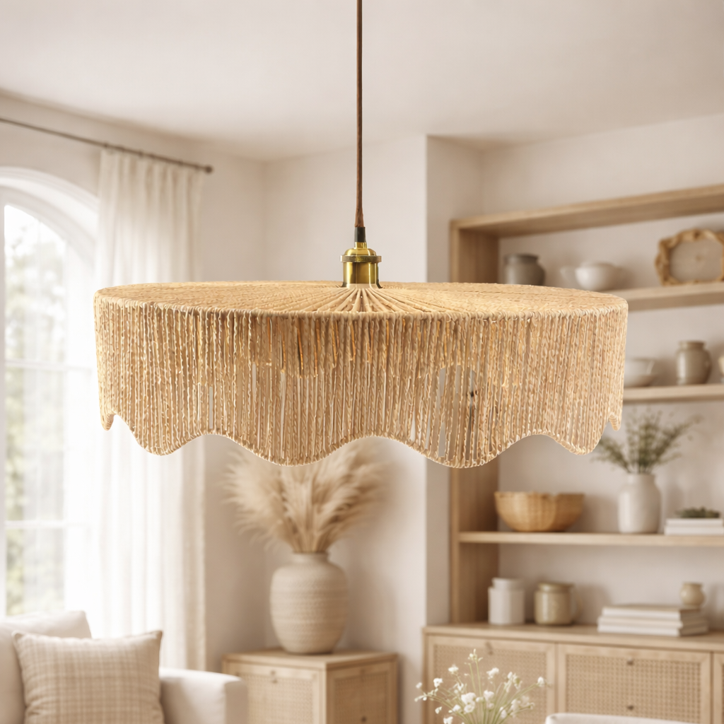 Dining room with wooden table, chairs, and a wicker pendant light.