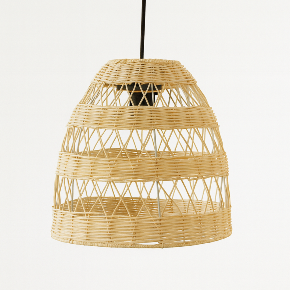 Woven rattan pendant light on a white background