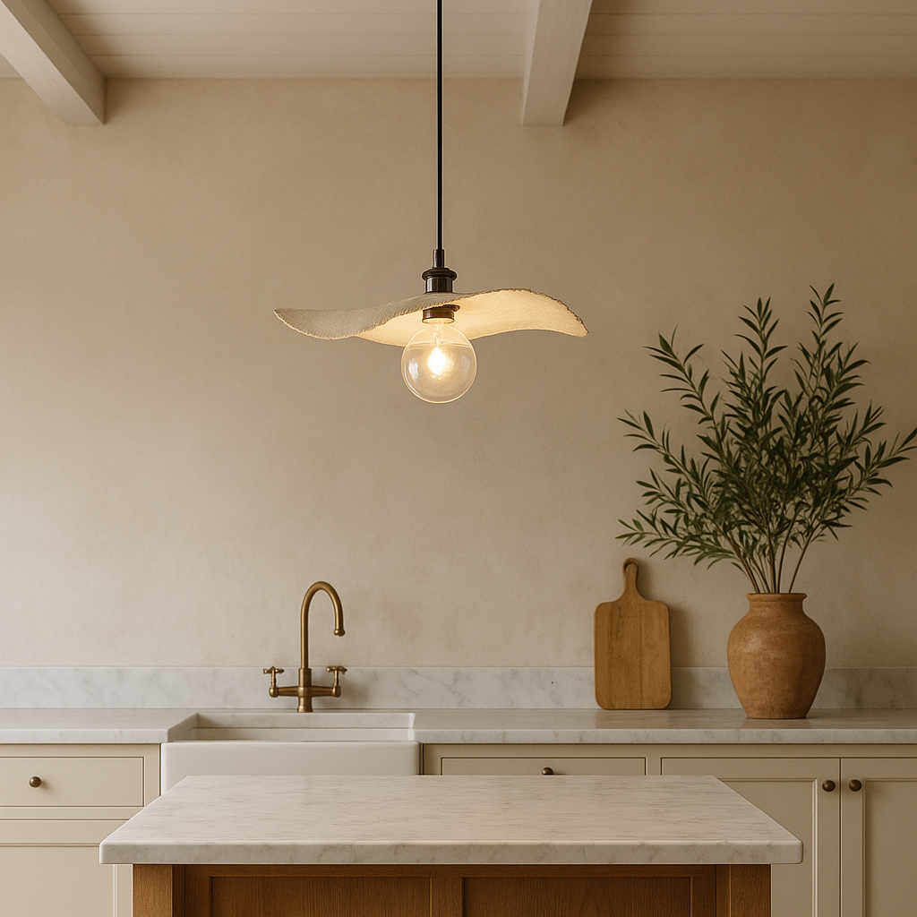 Modern kitchen with pendant light, cutting board, and vase on countertop.