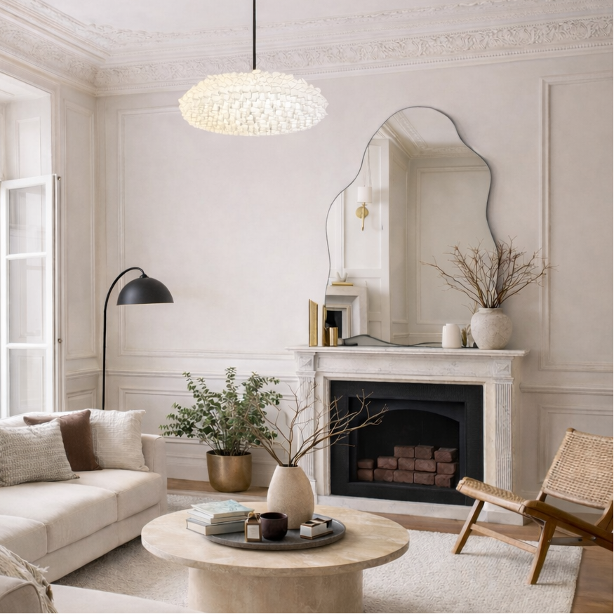 Modern living room with a fireplace, sofa, and decorative items.