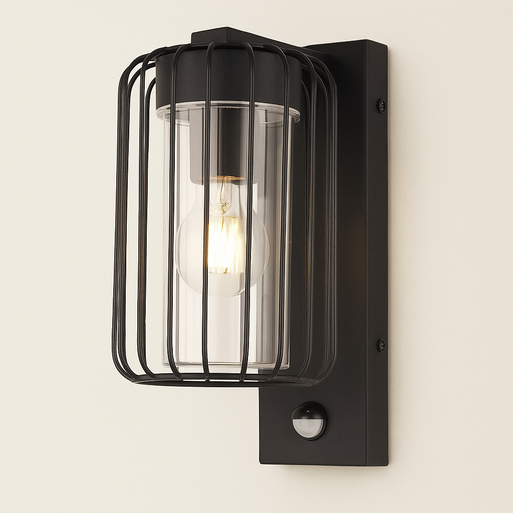 Black outdoor wall light fixture with clear glass cover on a beige background