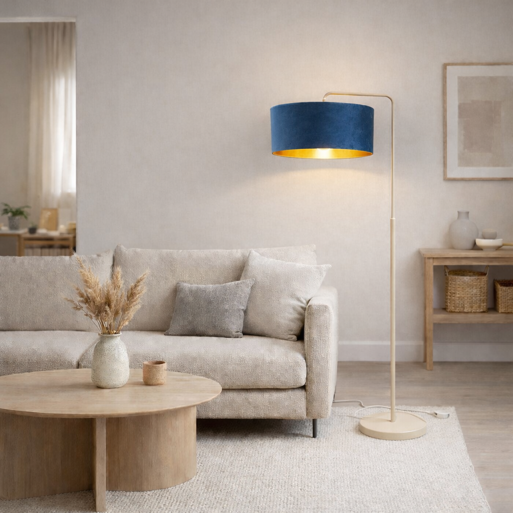 CGC Kyra Cream Angled Floor Lamp with Large 45cm Velvet Lampshade