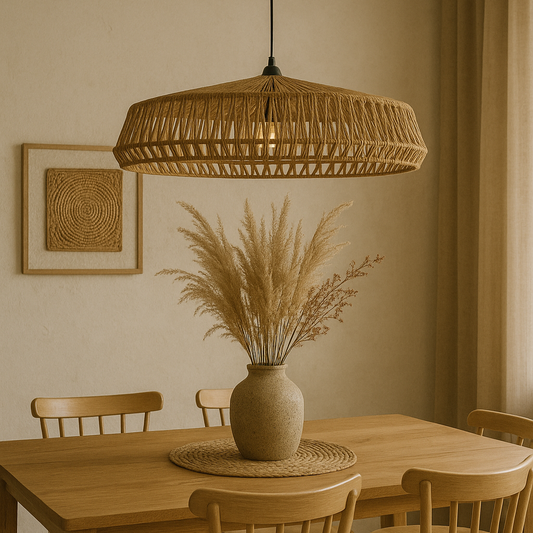 Dining room with wooden table and chairs, vase with plants, and woven pendant light.