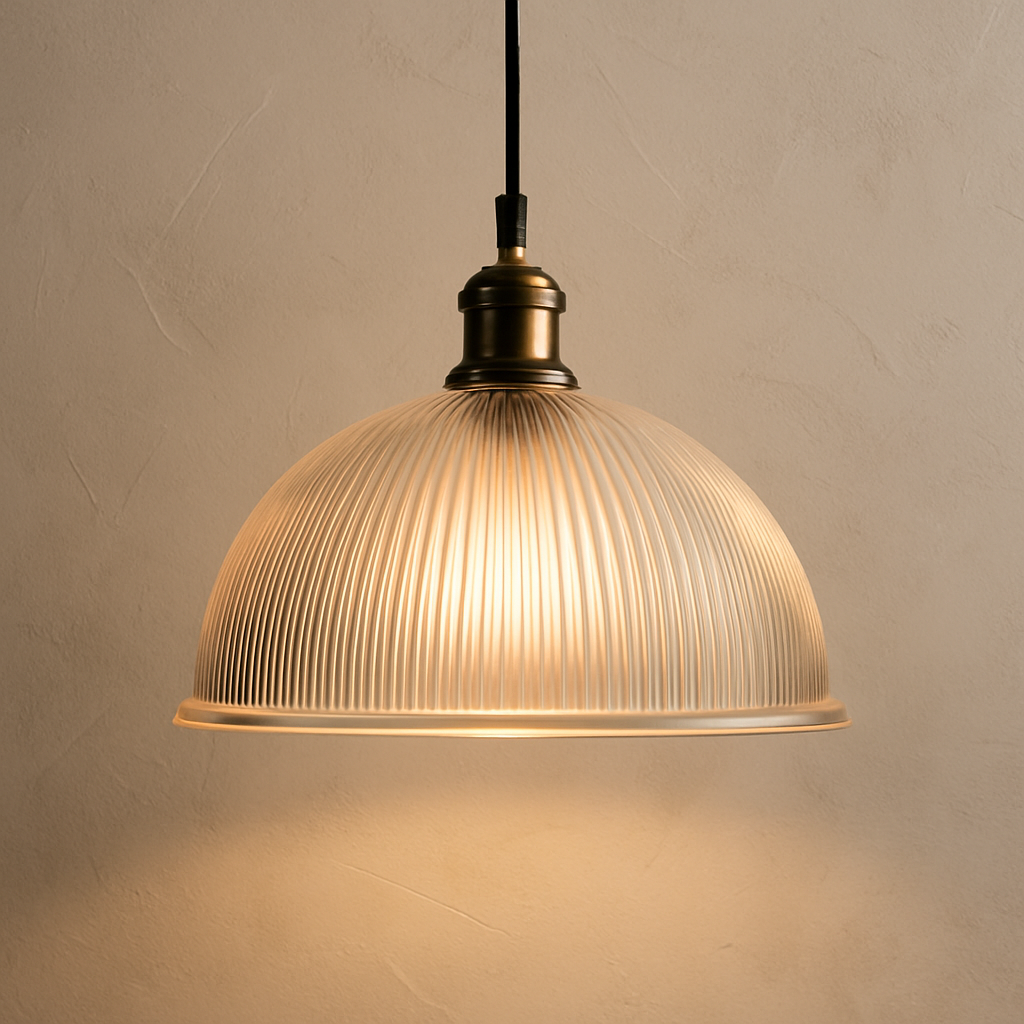 Vintage-style pendant light with ribbed glass shade on a beige background